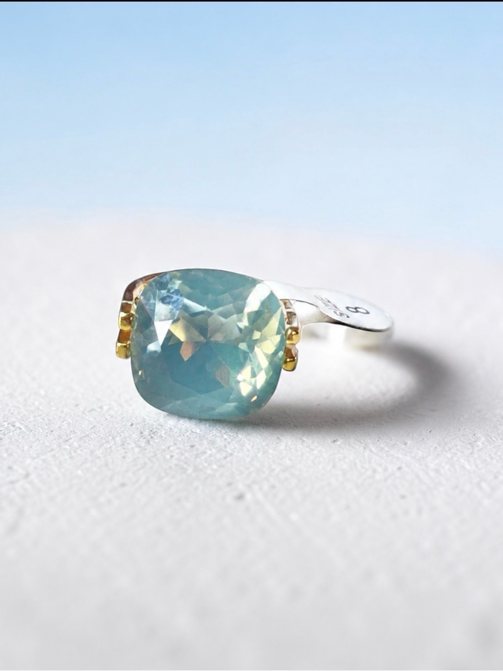 Gold tone simulated Aquamarine Cushion-Cut Ring - Light Blue
